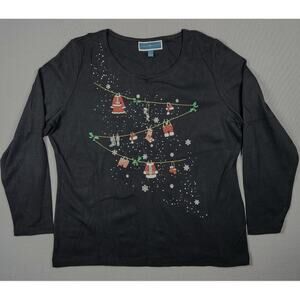 Karen Scott XL Christmas Clothesline Women's Black long sleeve shirt 100% cotton